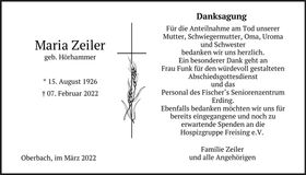 Traueranzeige Maria Zeiler