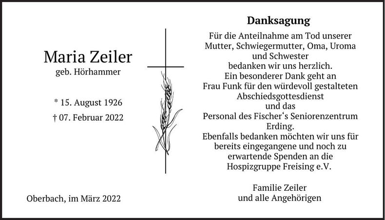 Traueranzeige Maria Zeiler
