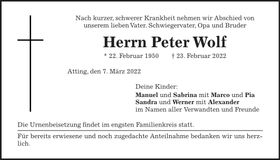 Traueranzeige Peter Wolf