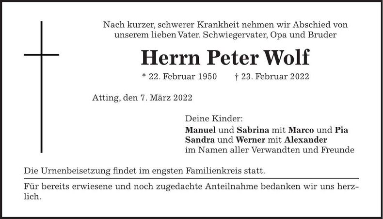 Traueranzeige Peter Wolf