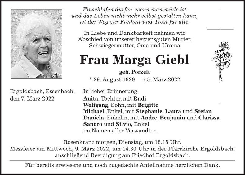 Traueranzeige Marga Giebl
