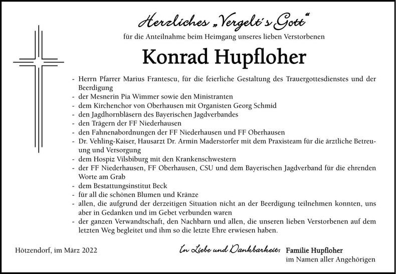 Traueranzeige Konrad Hupfloher