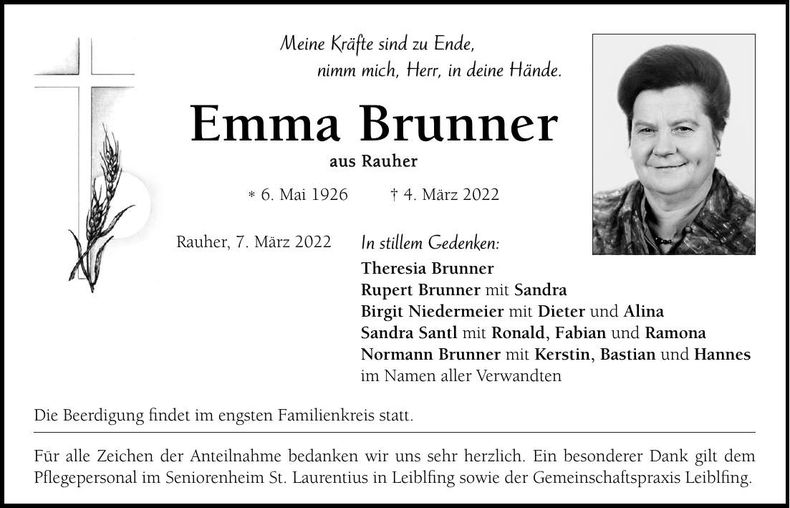 Traueranzeige Emma Brunner