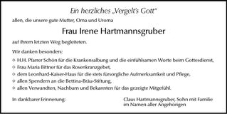 Traueranzeige Irene Hartmannsgruber