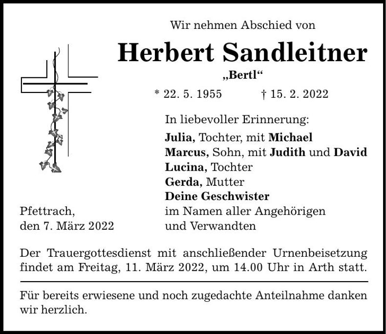 Traueranzeige Herbert Sandleitner