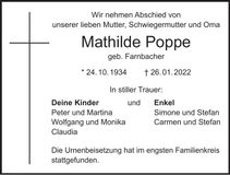 Traueranzeige Mathilde Poppe