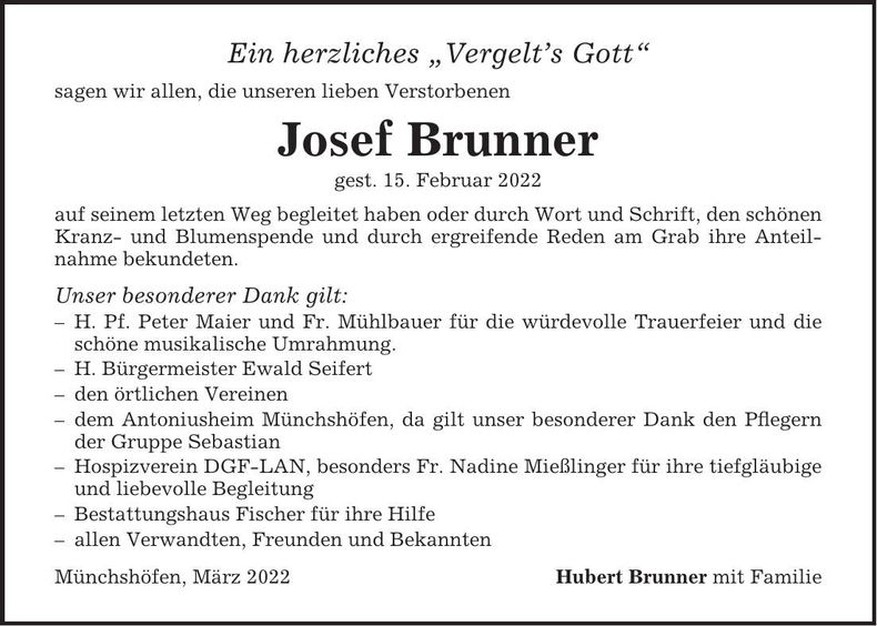 Traueranzeige Josef Brunner