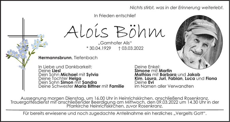Traueranzeige Alois Böhm