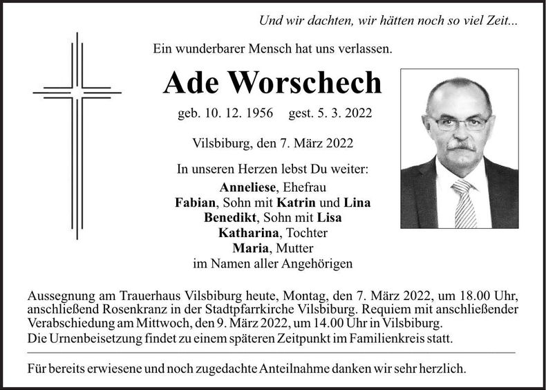 Traueranzeige Ade Worschech