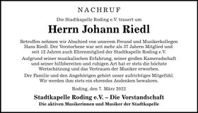 Traueranzeige Johann Riedl