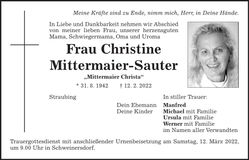 Traueranzeige Christine Mittermaier-Sauter