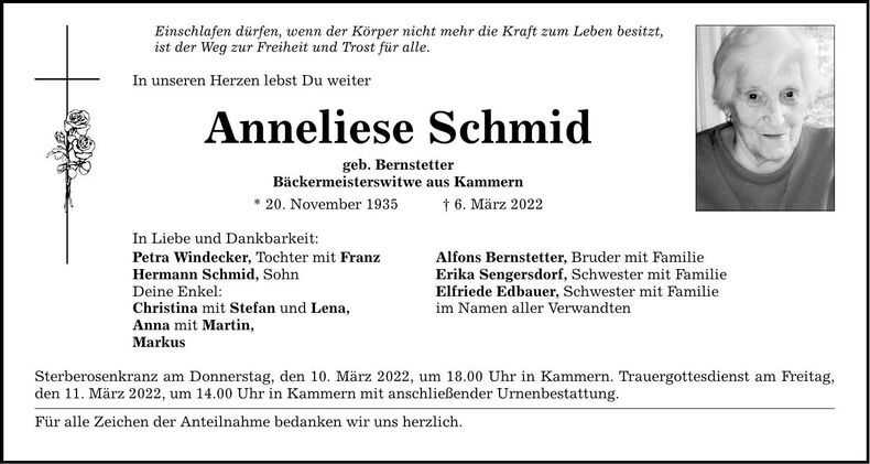 Traueranzeige Anneliese Schmid
