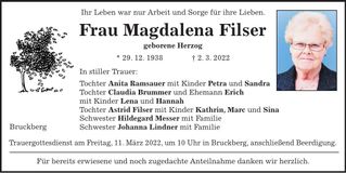 Traueranzeige Magdalena Filser