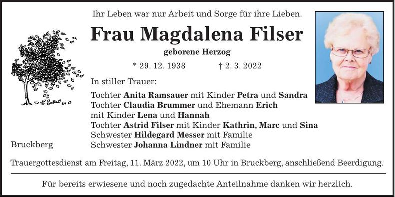 Traueranzeige Magdalena Filser