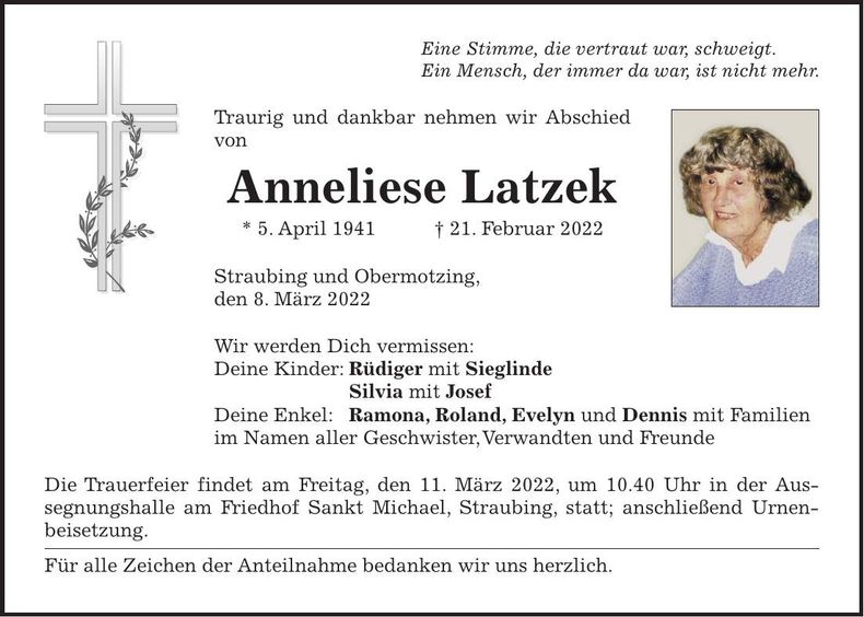 Traueranzeige Anneliese Latzek
