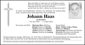 Traueranzeige Johann Haas