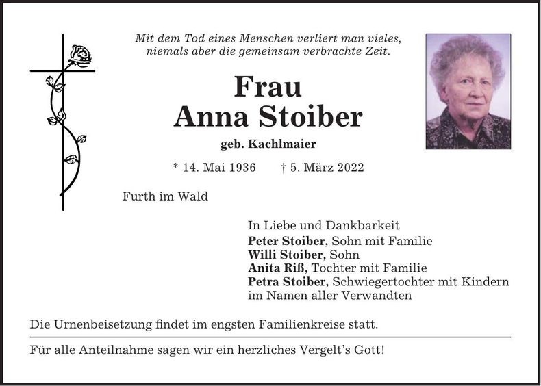 Traueranzeige Anna Stoiber