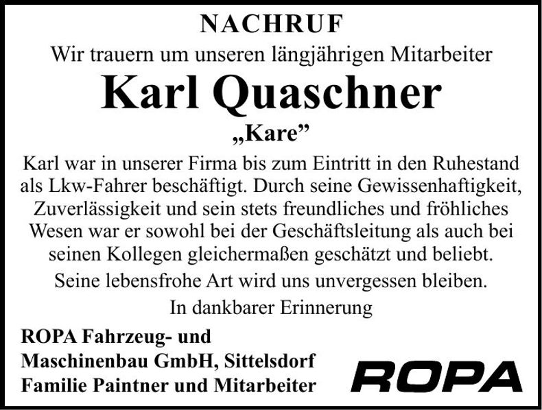 Traueranzeige Karl Quaschner