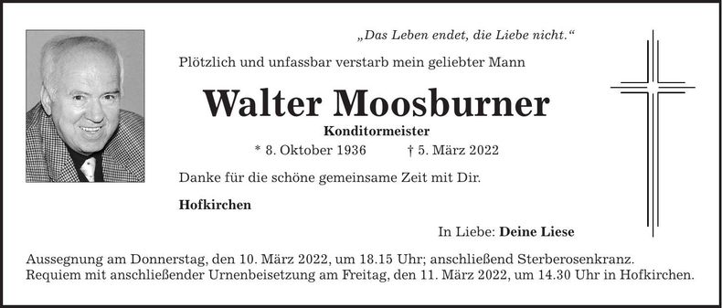 Traueranzeige Walter Moosburner