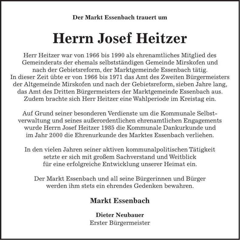Traueranzeige Josef Heitzer