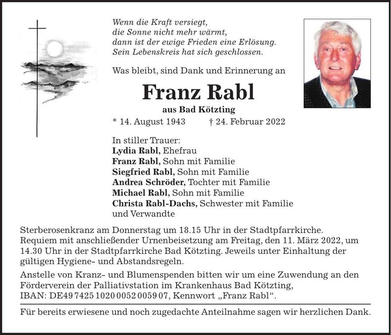 Traueranzeige Franz Rabl
