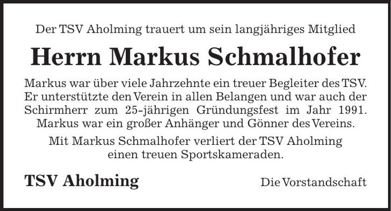 Traueranzeige Markus Schmalhofer