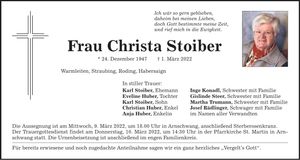 Traueranzeige Christa Stoiber