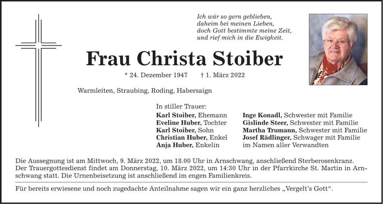 Traueranzeige Christa Stoiber