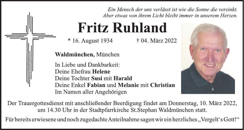 Traueranzeige Fritz Ruhland