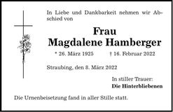 Traueranzeige Magdalene Hamberger