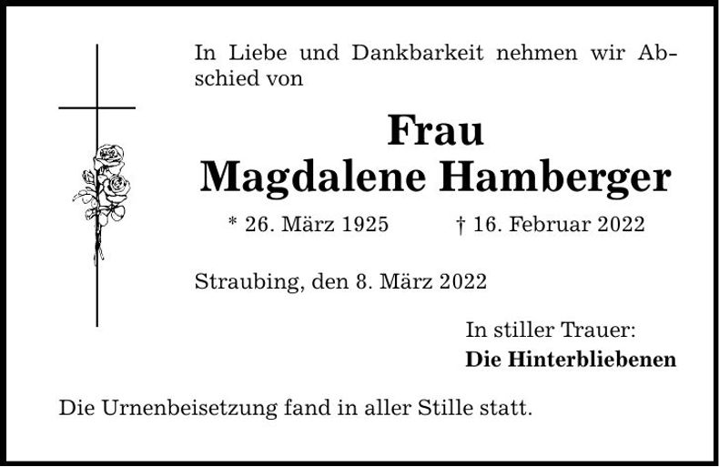 Traueranzeige Magdalene Hamberger