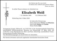 Traueranzeige Elisabeth Weiß