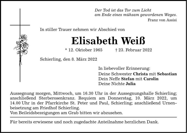 Traueranzeige Elisabeth Weiß