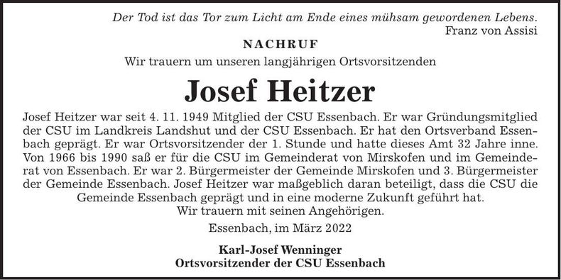 Traueranzeige Josef Heitzer