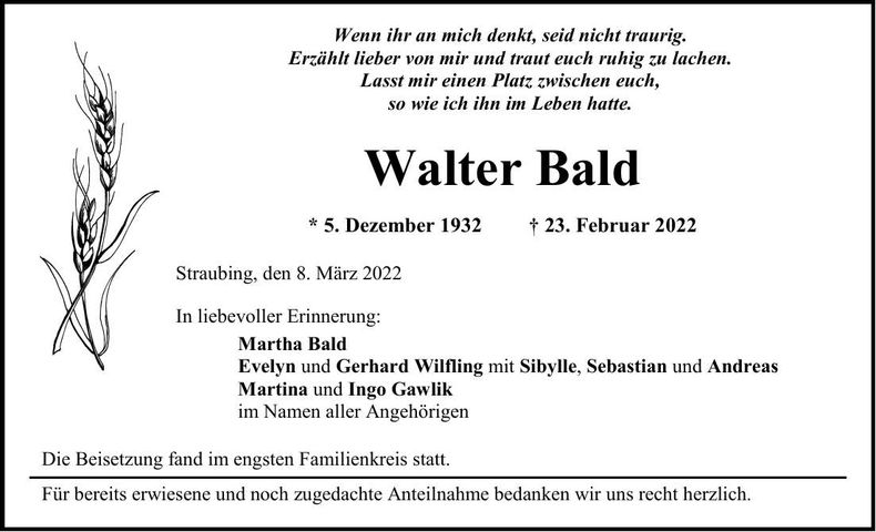 Traueranzeige Walter Bald