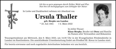 Traueranzeige Ursula Thaller