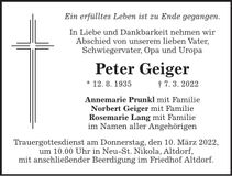 Traueranzeige Peter Geiger