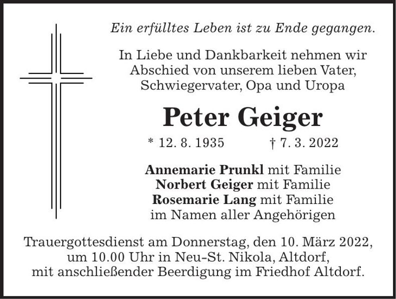 Traueranzeige Peter Geiger