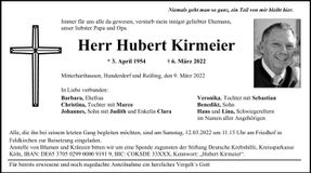 Traueranzeige Hubert Kirmeier