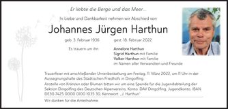 Traueranzeige Johannes Jürgen Harthun