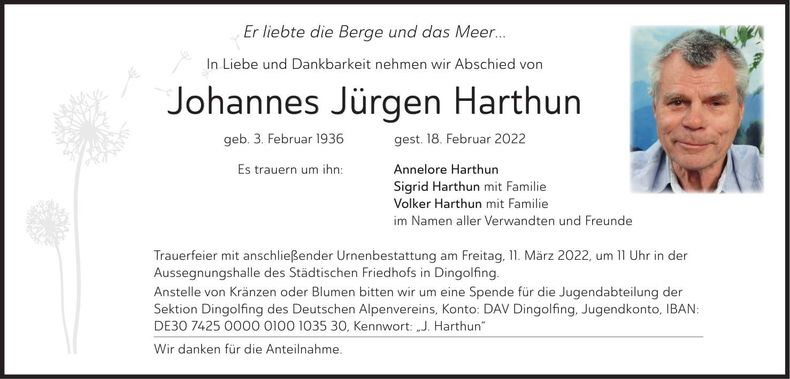 Traueranzeige Johannes Jürgen Harthun
