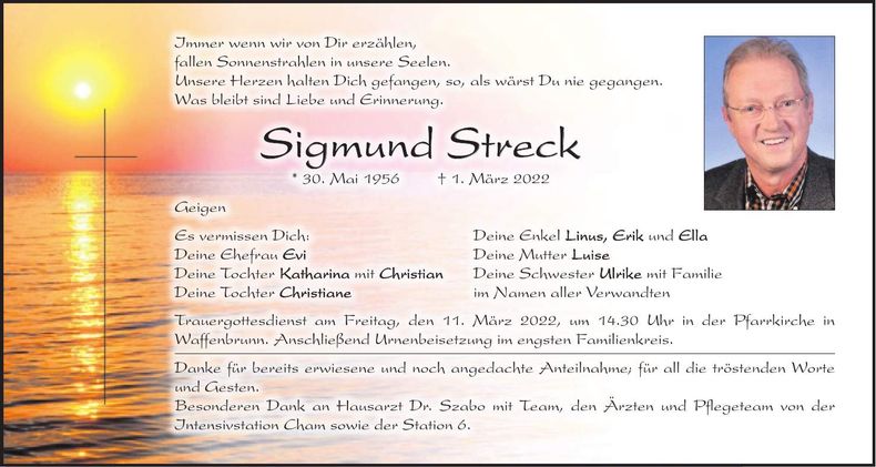 Traueranzeige sigmund Streck
