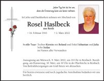 Traueranzeige Rosel Haslbeck