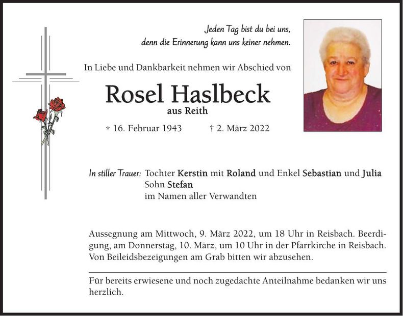 Traueranzeige Rosel Haslbeck