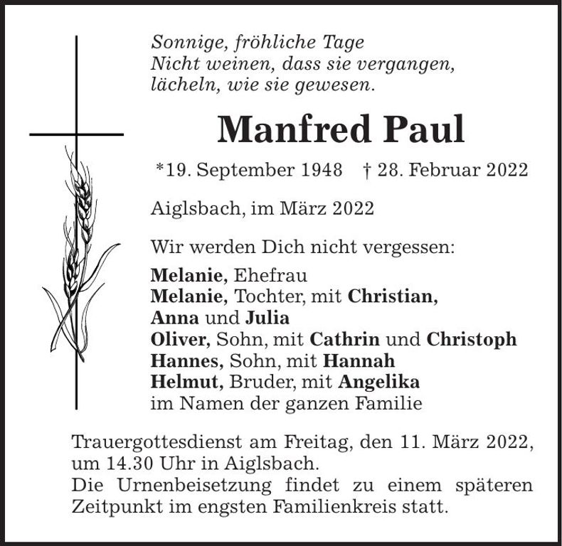Traueranzeige Manfred Paul