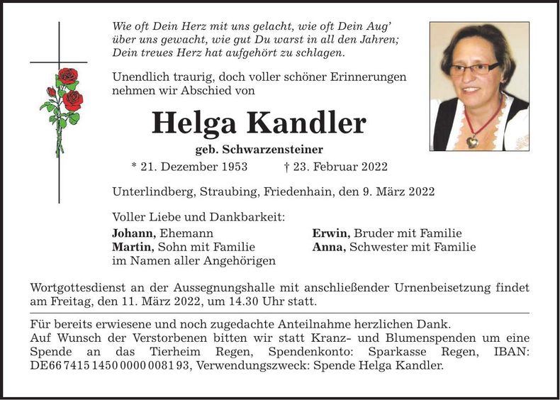 Traueranzeige Helga Kandler