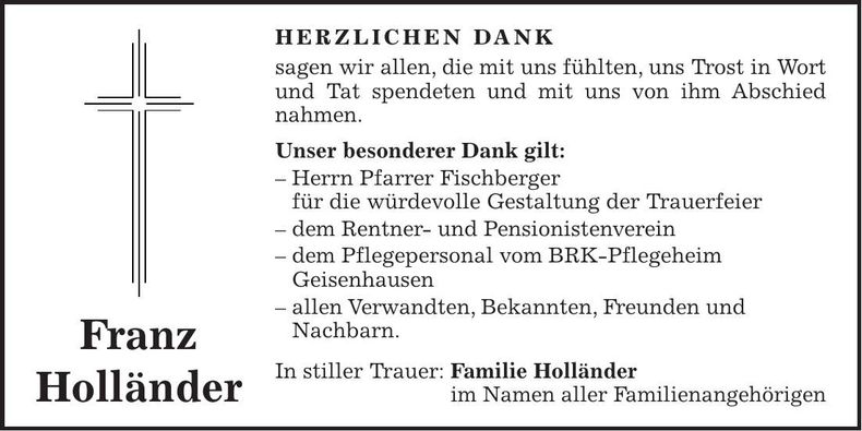 Traueranzeige Franz Holländer