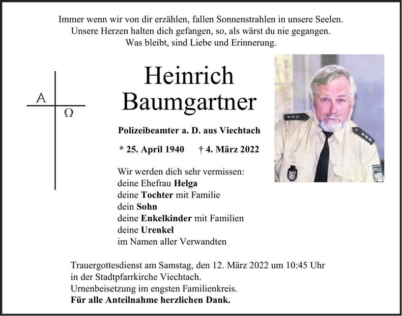 Traueranzeige Heinrich Baumgartner