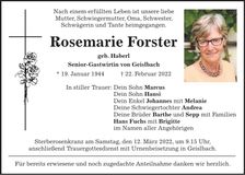 Traueranzeige Rosemarie Forster