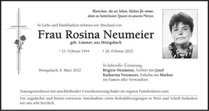 Traueranzeige Rosina Neumeier